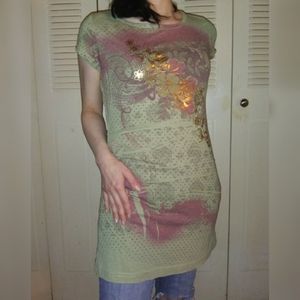 NWOT Petite Gray/Green Tunic Top Floral Goth XL!